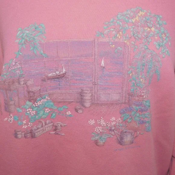 VTG 90s Northern Reflections Womens L Pink Plants Boats Graphic Sweatshirt - Picture 3 of 8